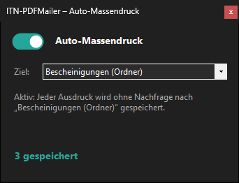 Fenster Auto-Massendruck: Schalter, Ziel-Auswahl und Zähler