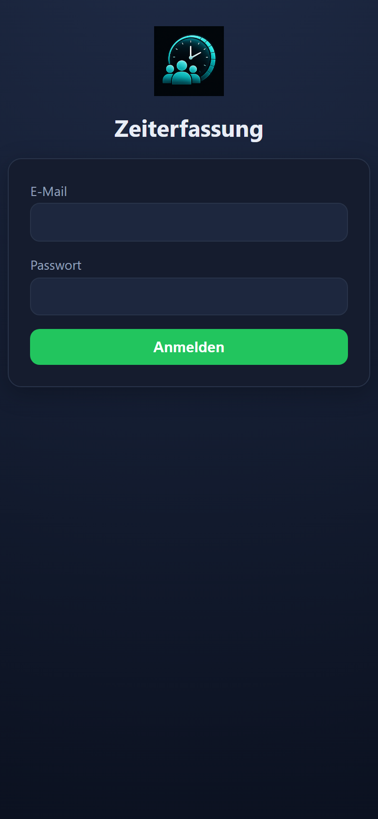Anmeldemaske der Handy-App mit Feldern für Benutzername und Passwort.