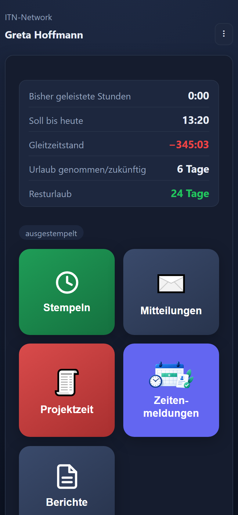 Startseite der App mit Zeitkonto und den Kacheln Stempeln, Mitteilungen, Projektzeit, Zeitenmeldungen und Berichte.