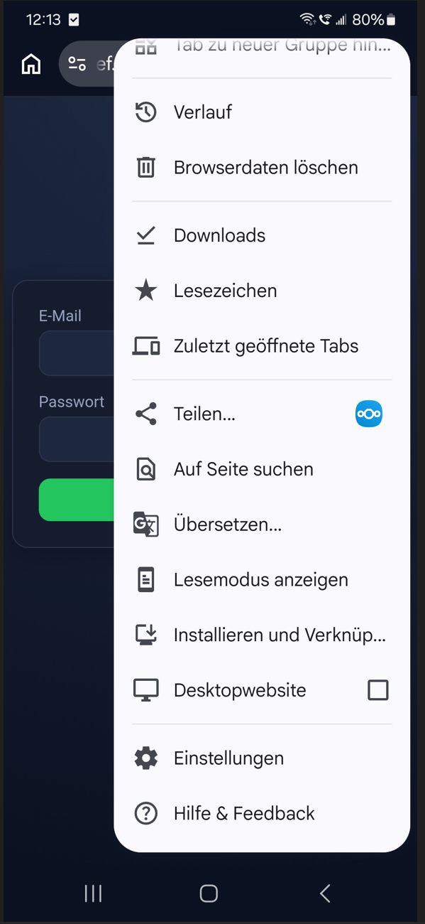 Chrome-Menü auf einem Android-Handy mit dem Eintrag „Installieren und Verknüp…“.