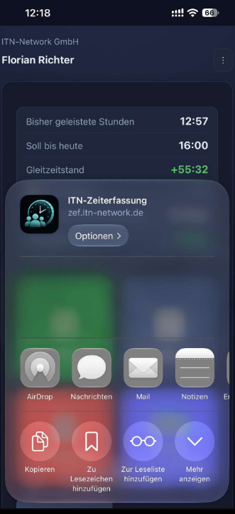iPhone: Teilen-Fenster mit Symbol und Name ITN-Zeiterfassung sowie dem Eintrag „Mehr anzeigen“.