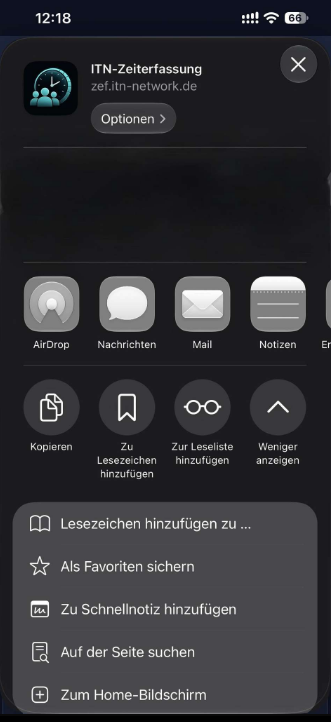 iPhone: aufgeklappte Liste mit dem Eintrag „Zum Home-Bildschirm“ ganz unten.