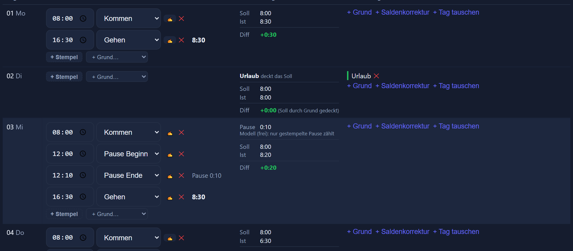A daily row with clocking entries, break, target, actual, difference and the day's corrections. The interface is in German.