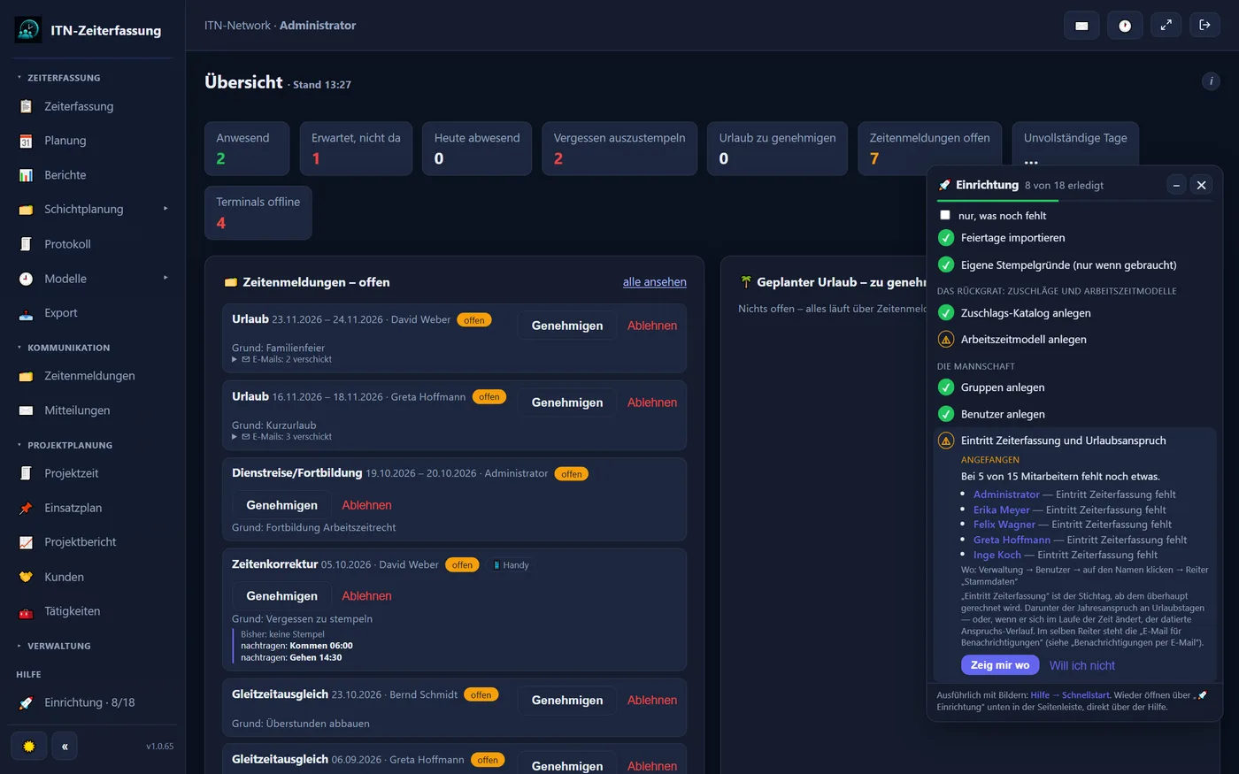 The dashboard with the setup assistant open: „8 of 18 done“, with the step for the start of time recording and leave entitlement expanded, showing the finding that 5 of 15 employees are still missing something, their names and the buttons „Zeig mir wo“ (show me where) and „Will ich nicht“ (I don't want this). The interface is in German.