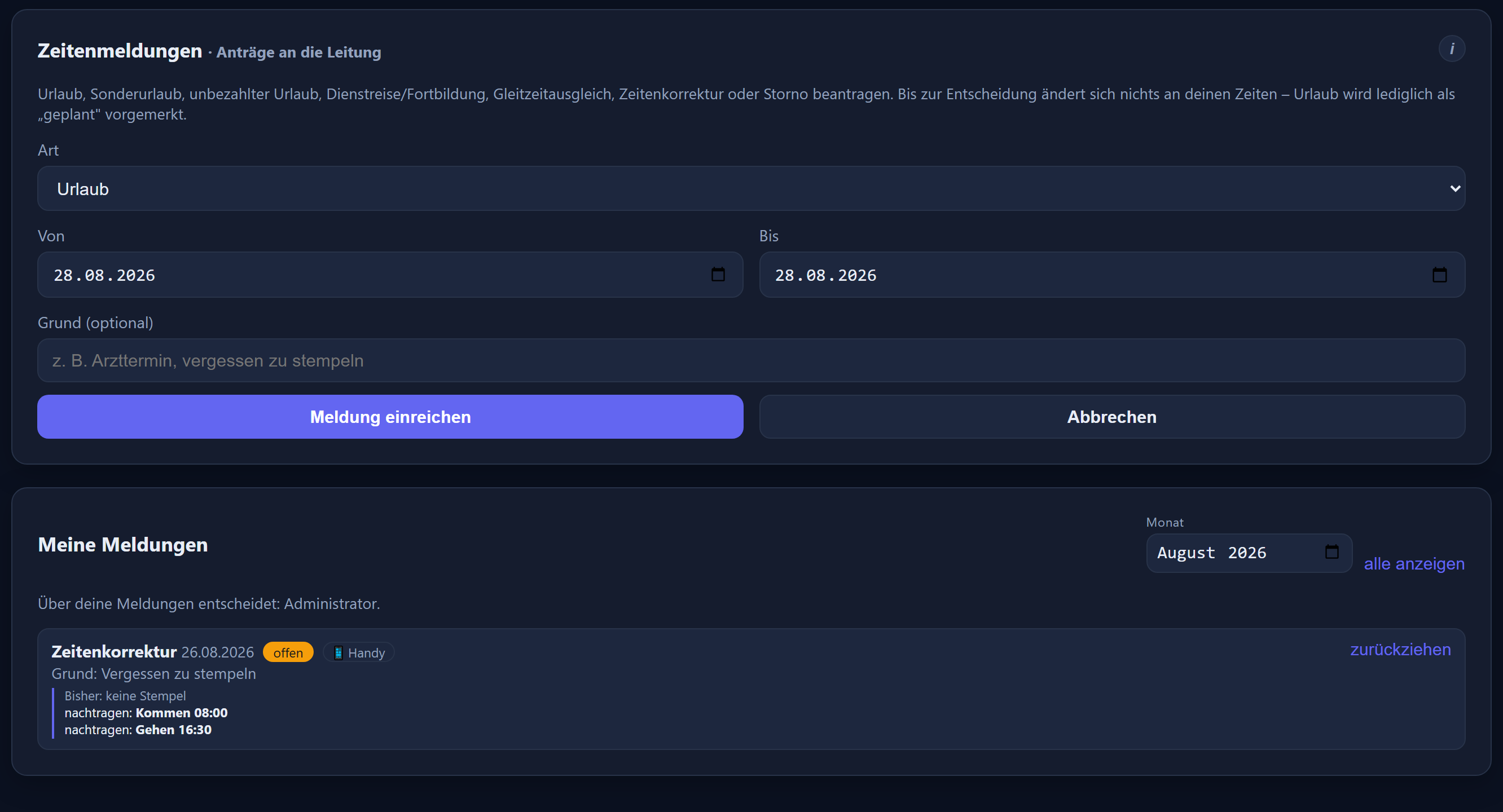 The form for a new submission with type, period and reason. The interface is in German.