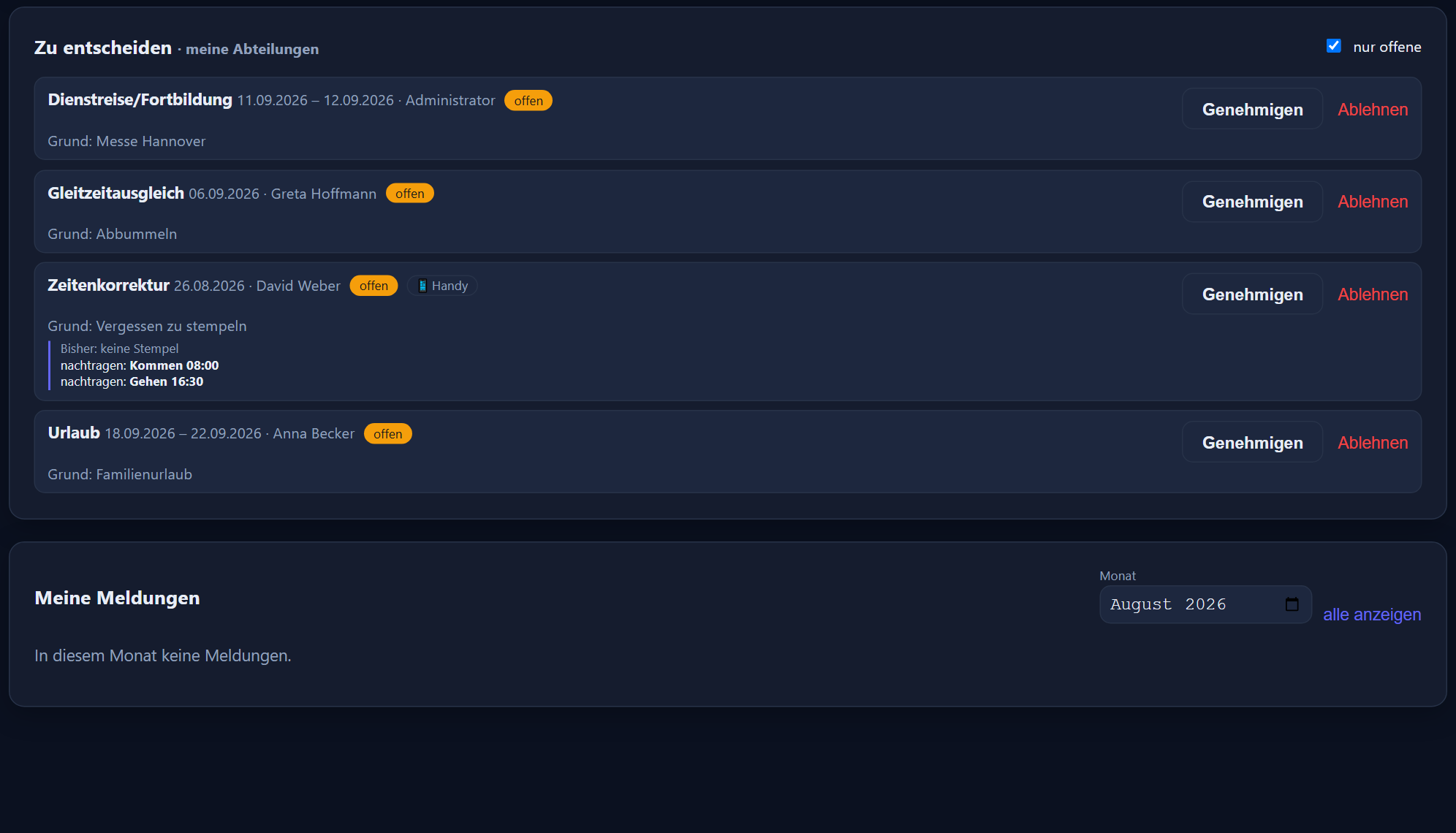 The requests page with the „to decide“ area and the user's own submissions. The interface is in German.