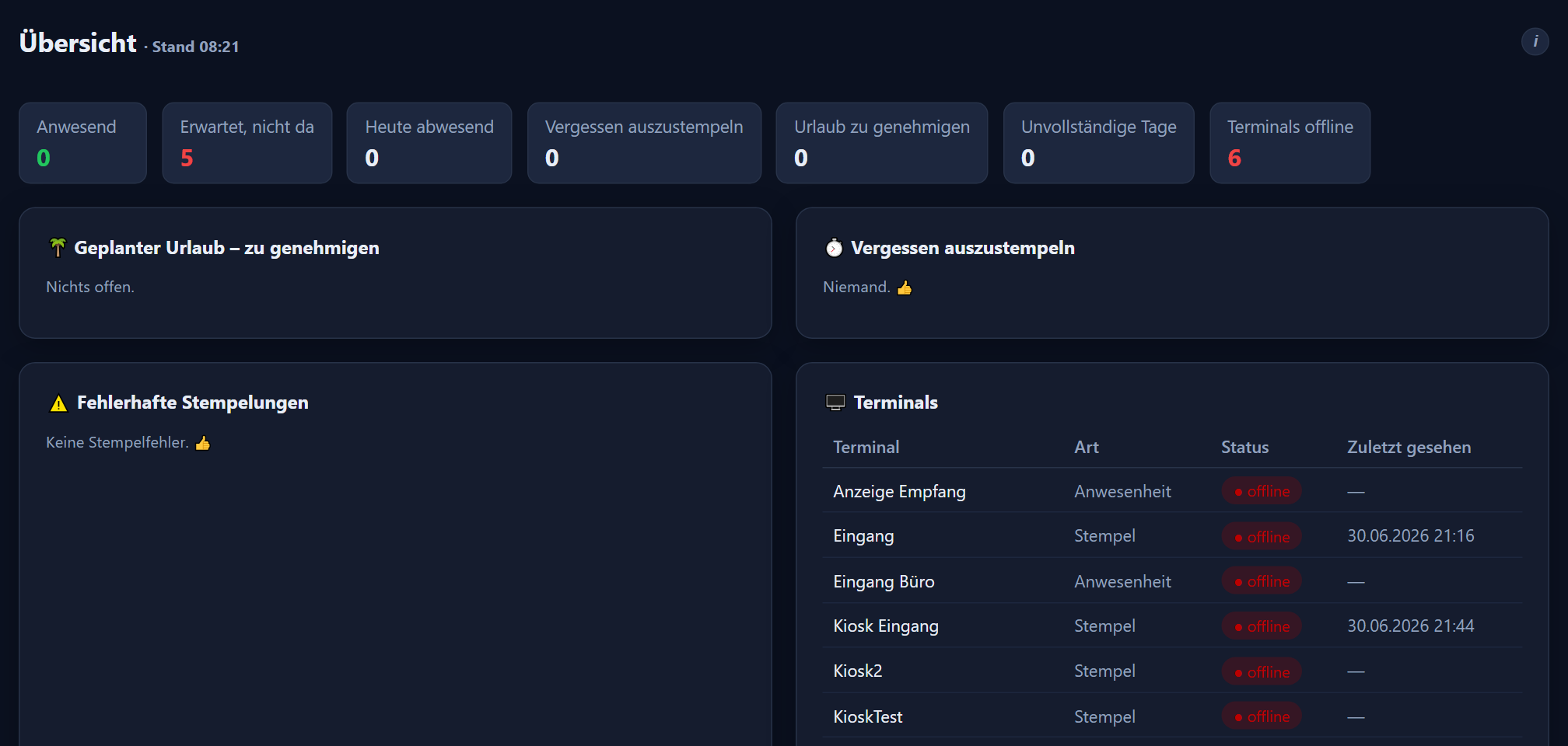 Dashboard mit Kacheln für heute gearbeitet, Soll, Saldo und Resturlaub sowie den Stempeltasten.