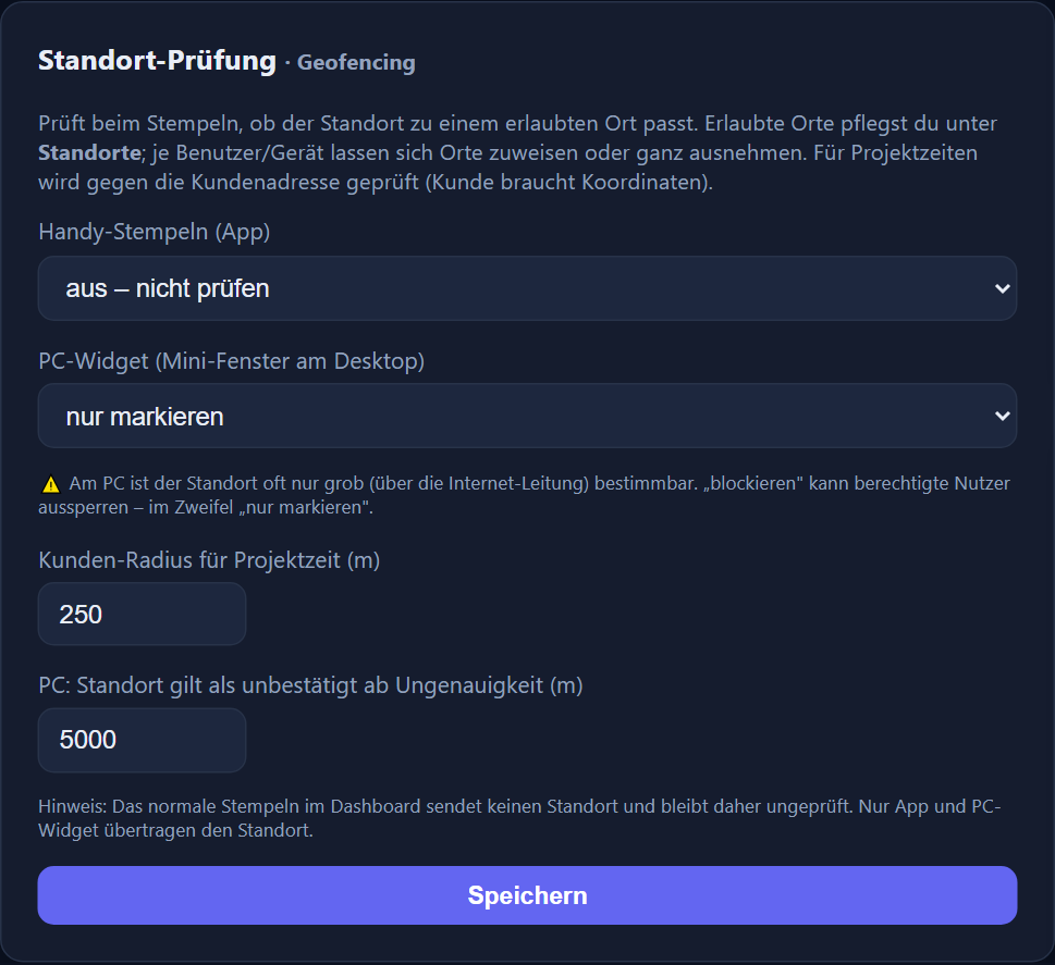 Einstellungen der Standort-Prüfung mit den Stufen aus, markieren, blockieren je Kanal.