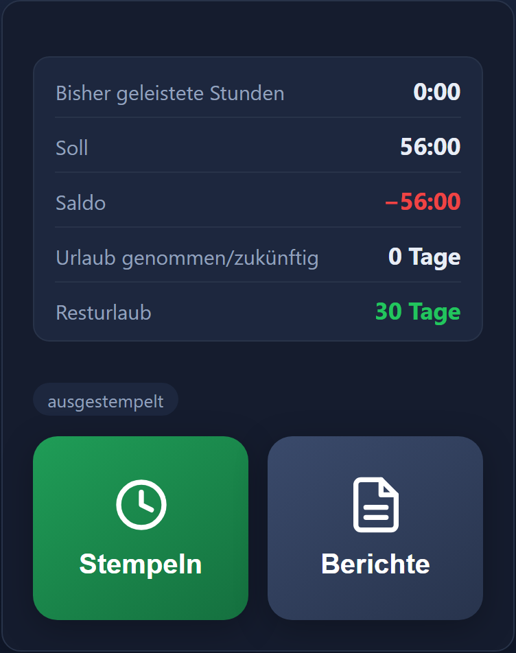 Kontokarte der Handy-App mit Stunden, Soll, Saldo und Resturlaub.
