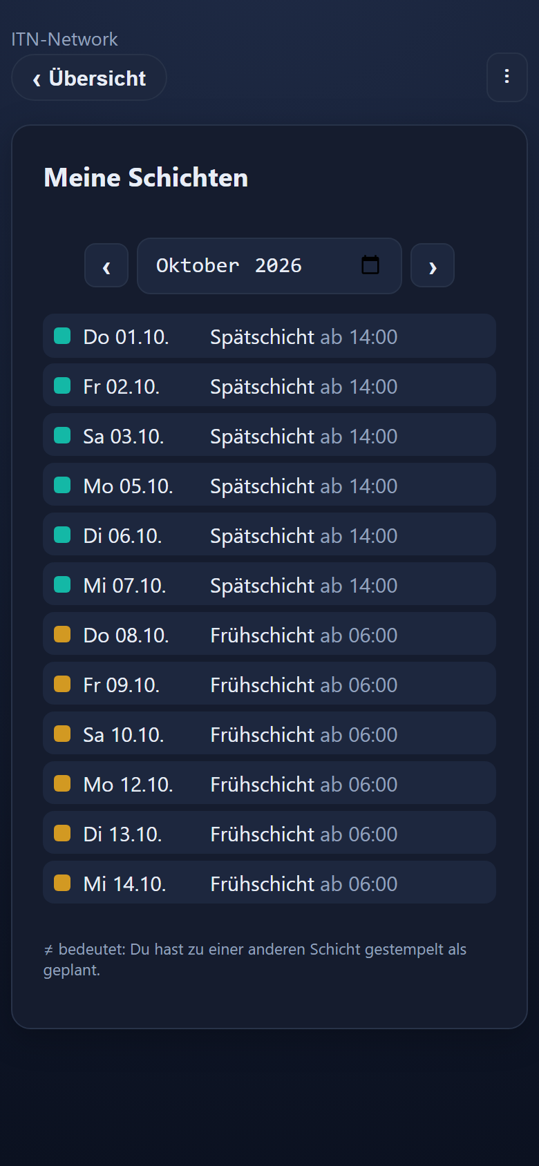 My shifts tile in the mobile app with the coming shift days and their colours.