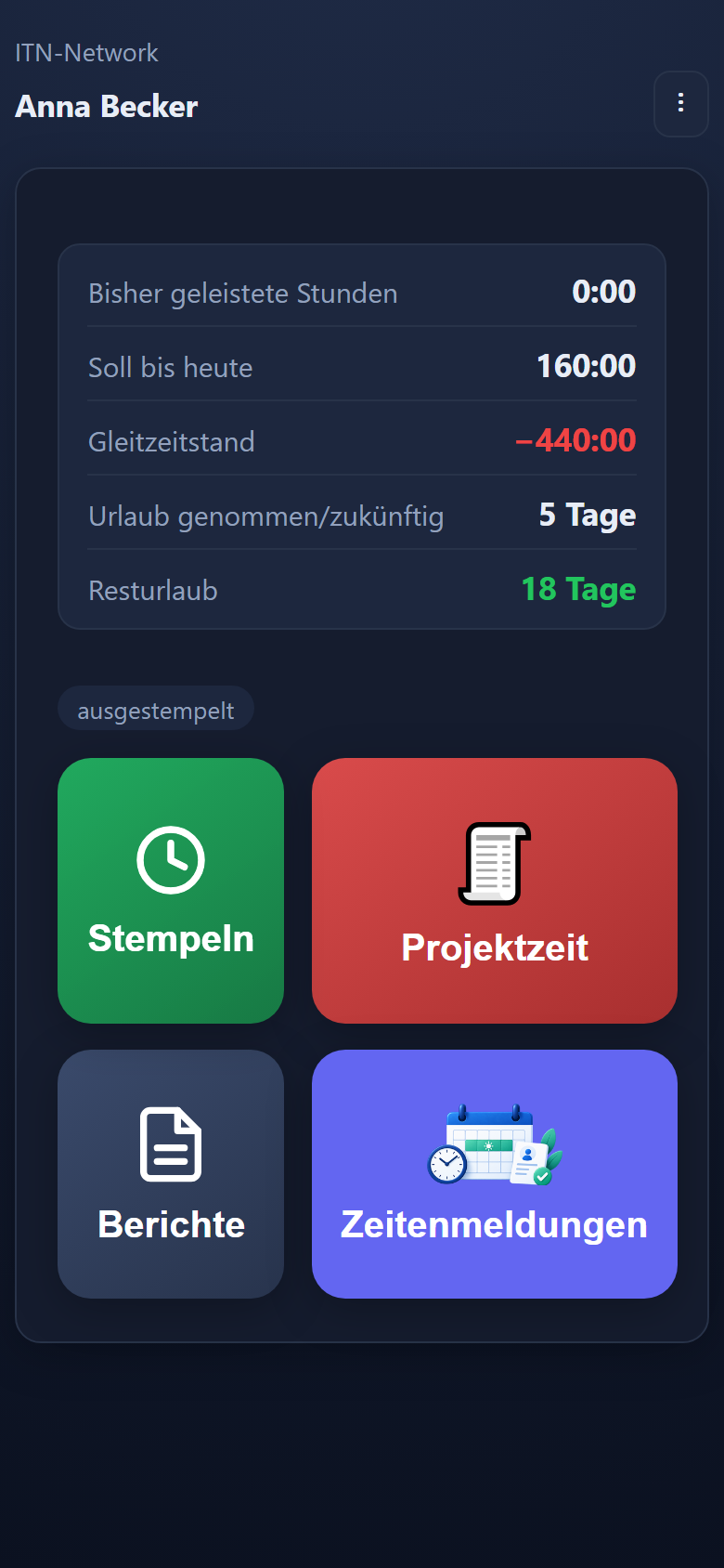 The mobile app home screen with tiles for clocking, project time, reports and requests. The interface is in German.