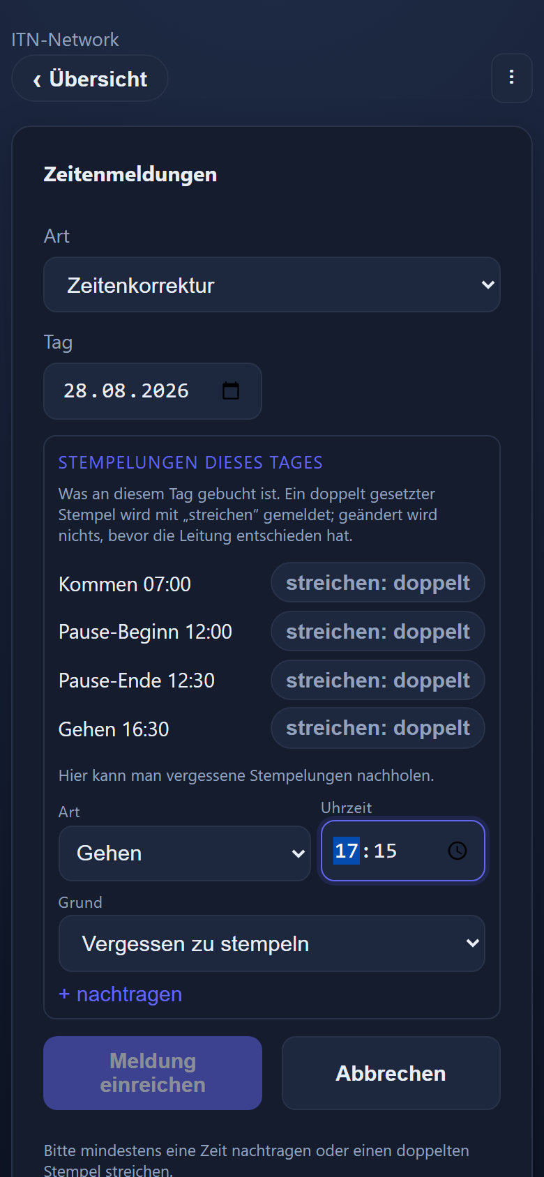 Mobile app: a time correction with the day's entries and the option to add missing times. The interface is in German.