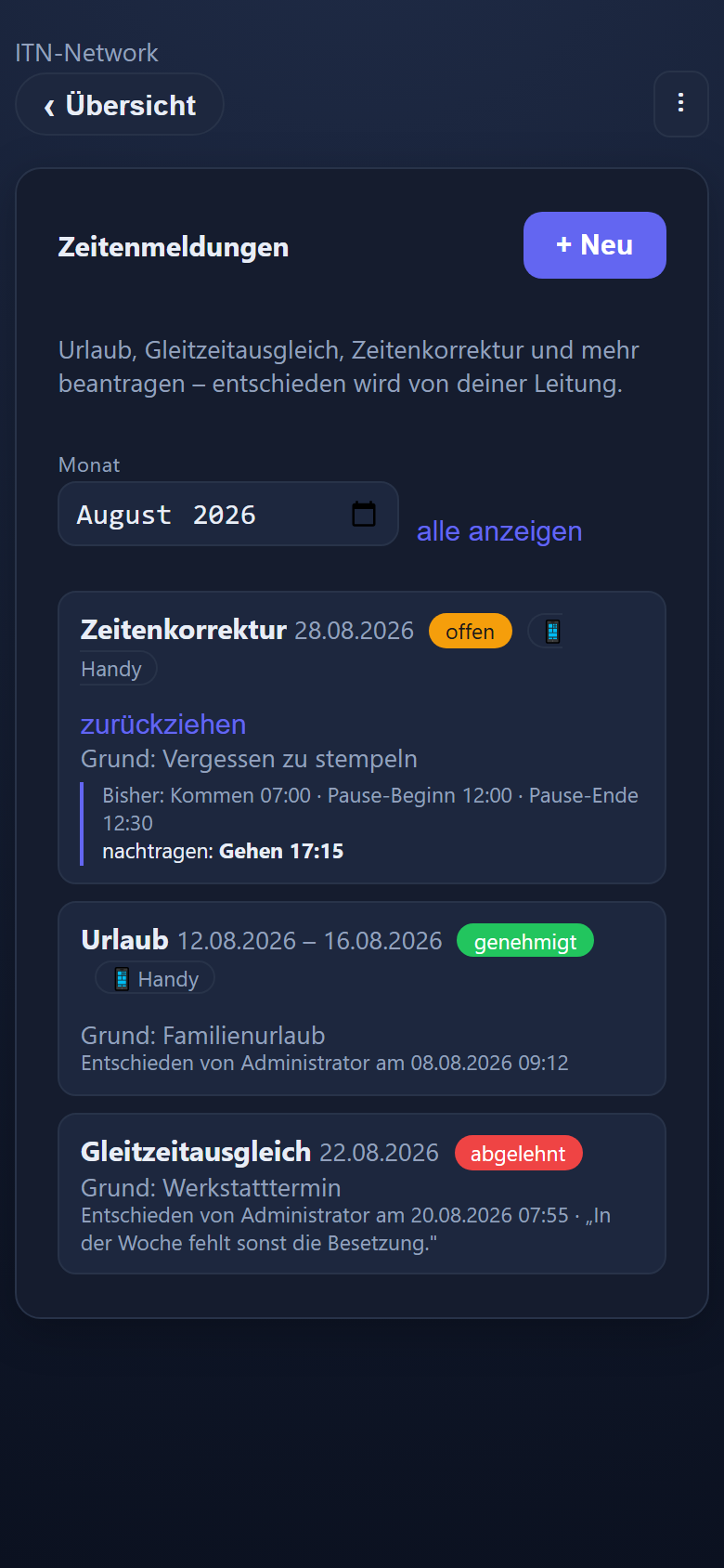 Mobile app: your own submissions with their status and a month selector. The interface is in German.
