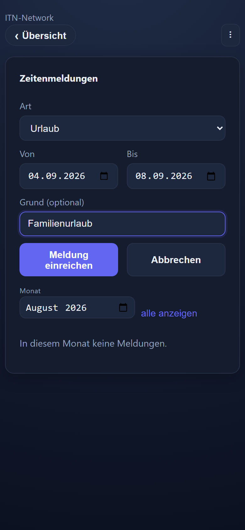 Mobile app: a new submission with type, period and reason. The interface is in German.