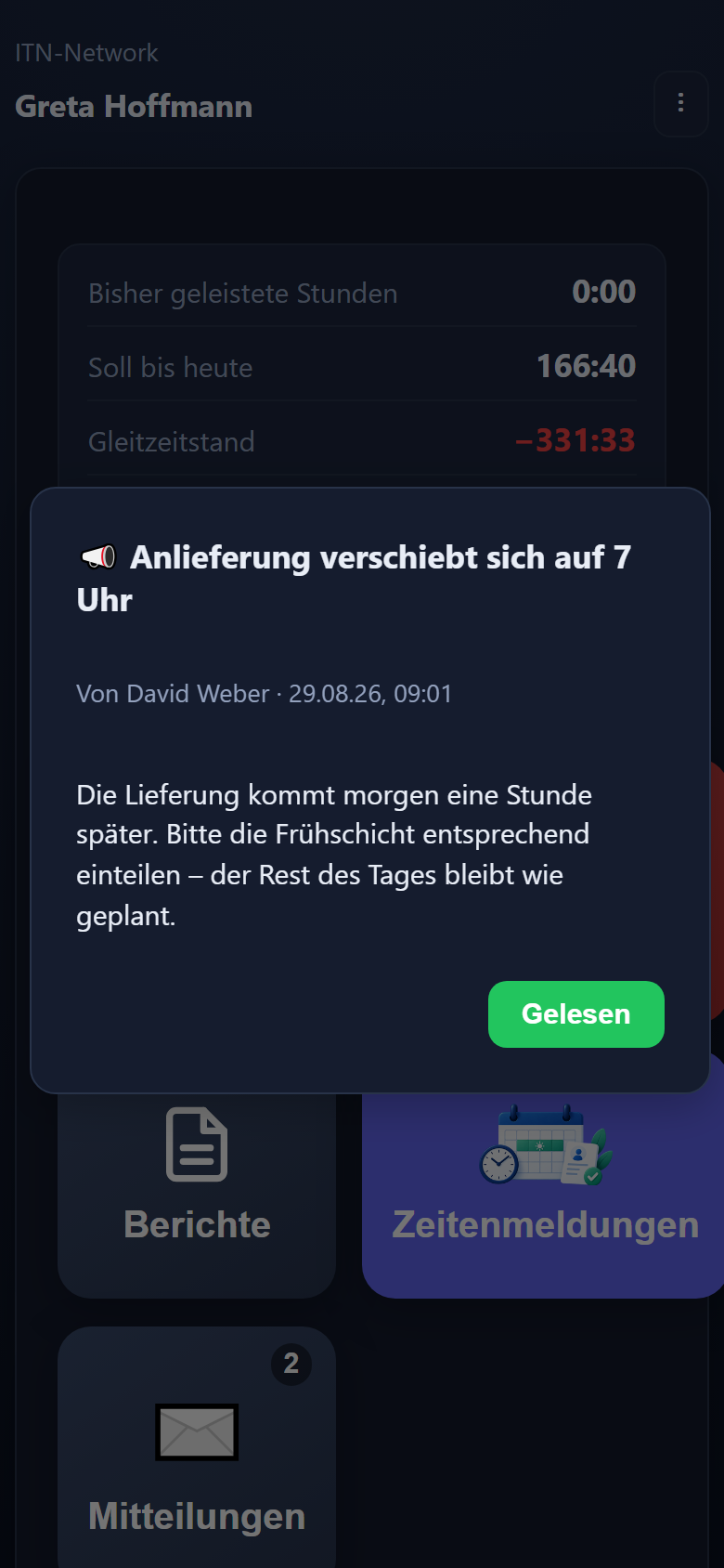 A message marked important, opening as a window when the app starts.