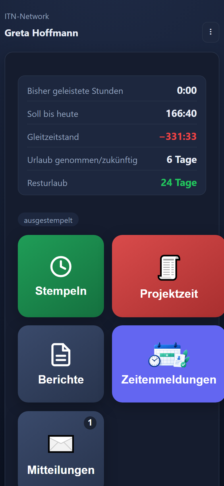 The mobile app home screen with the messages tile and its counter. The interface is in German.