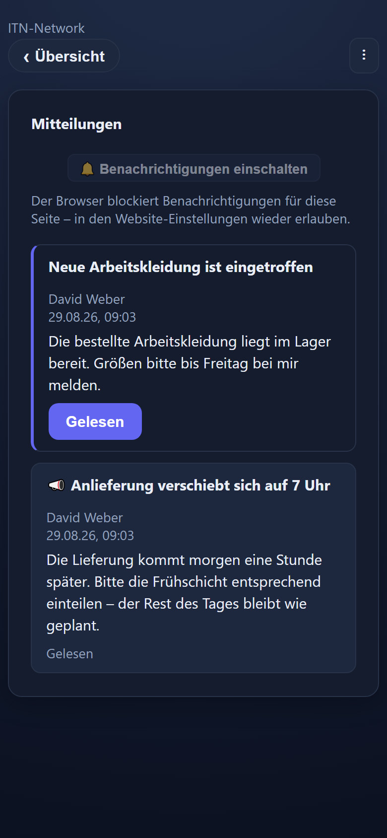 The mailbox in the mobile app with messages and a read button. The interface is in German.