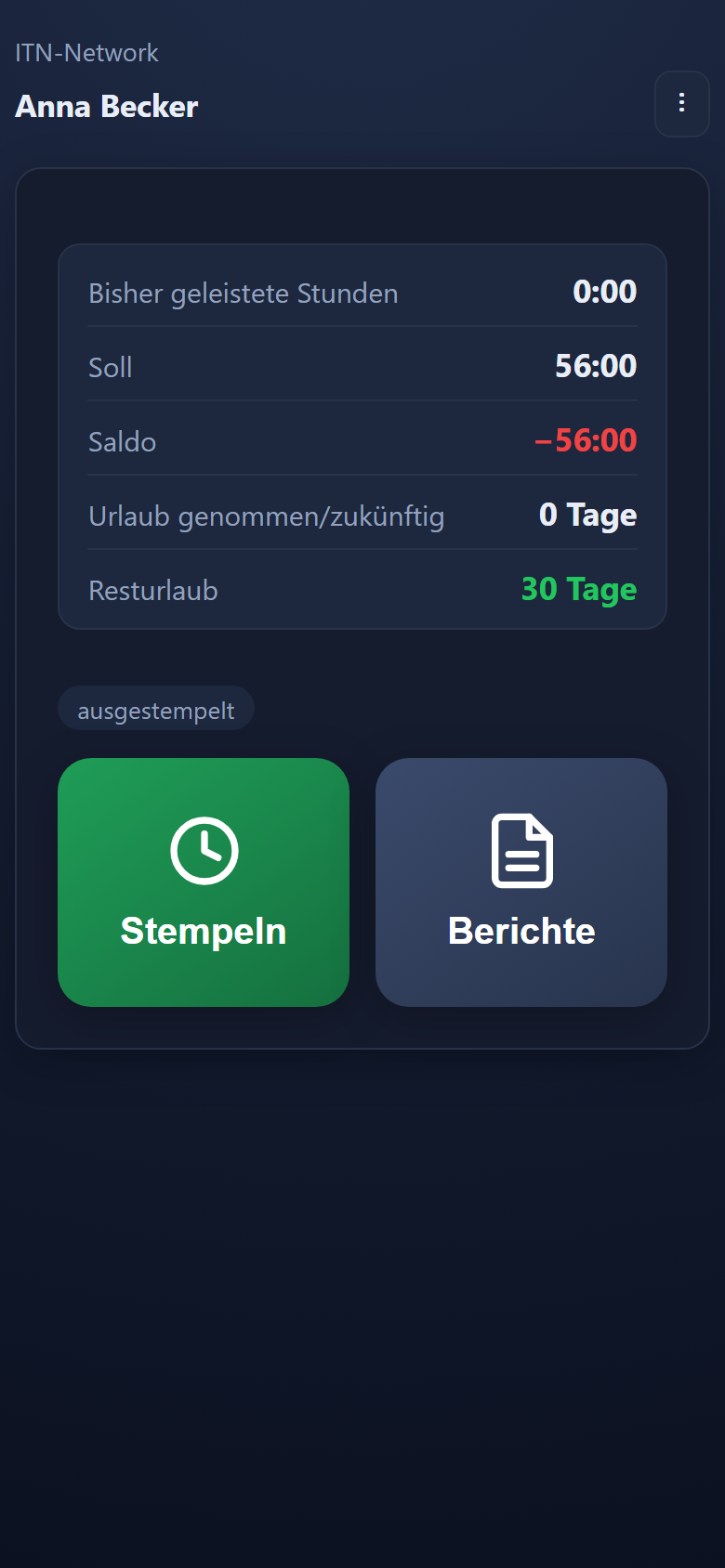 Startbildschirm der Handy-App mit geleisteten Stunden, Soll, Saldo und Resturlaub.