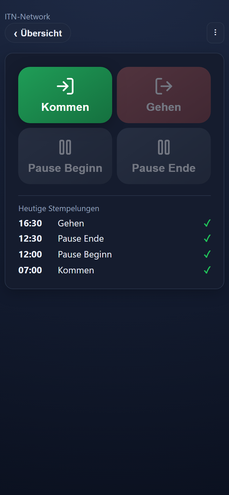 Stempeln in der Handy-App mit großen Tasten für Kommen, Gehen und Pause.