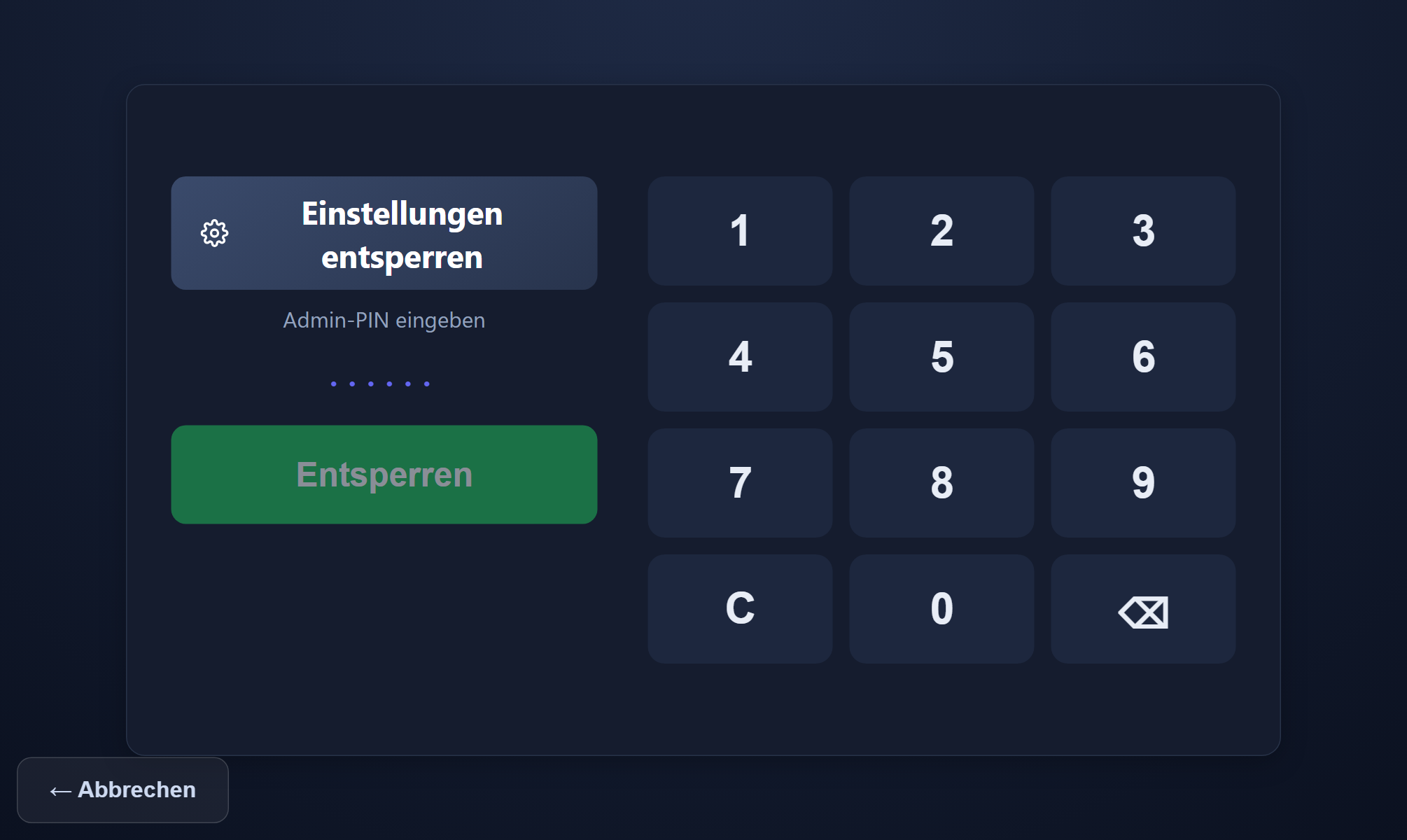 Kiosk-Einstellungen mit Anzeigegröße und Vollbild-Sperre.