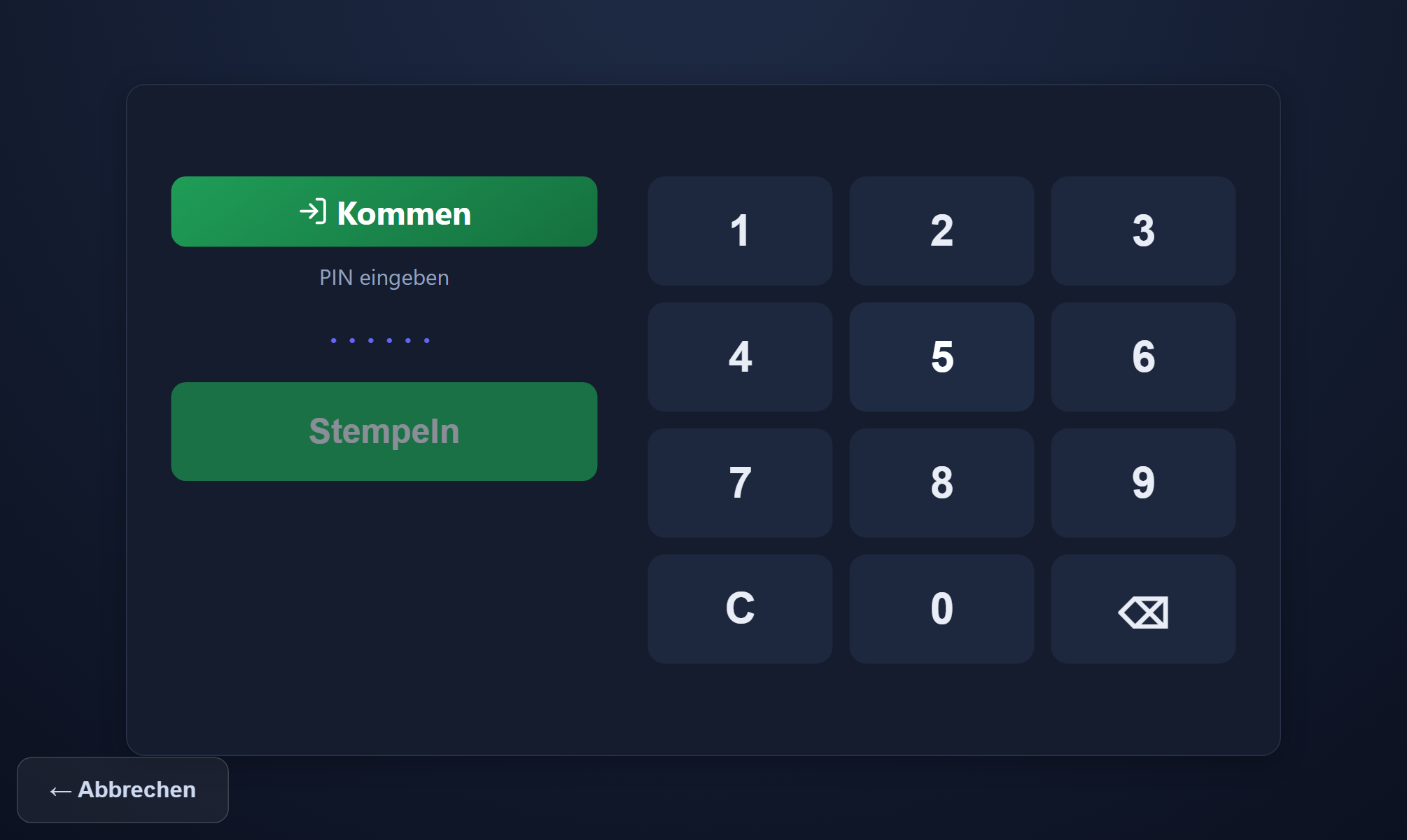 PIN-Eingabe am Kiosk-Tablet vor dem Stempeln.