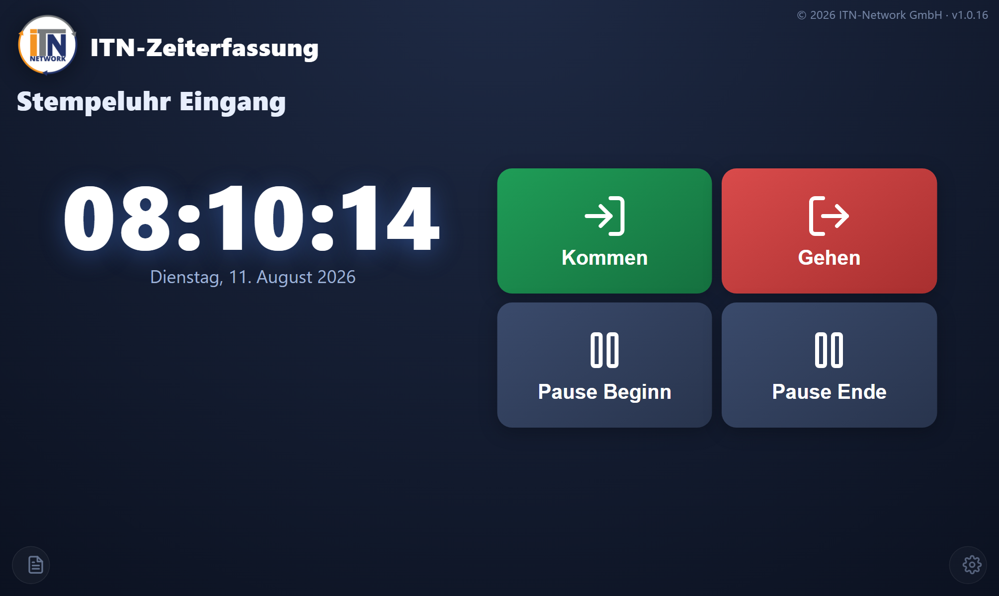 Kiosk-Startbildschirm auf einem Tablet mit großen Tasten und Marken-Ecke.