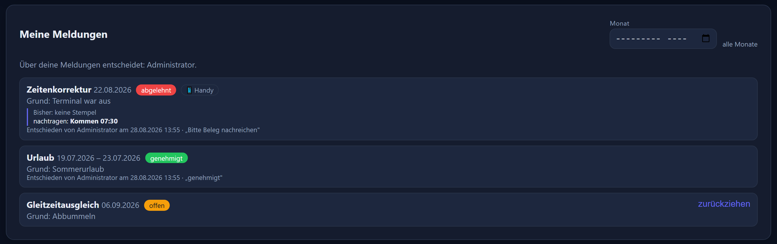 A user's own submissions with the statuses open, approved and rejected. The interface is in German.