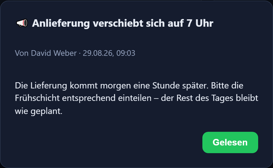 The window for an important message with sender, time and the read button. The interface is in German.