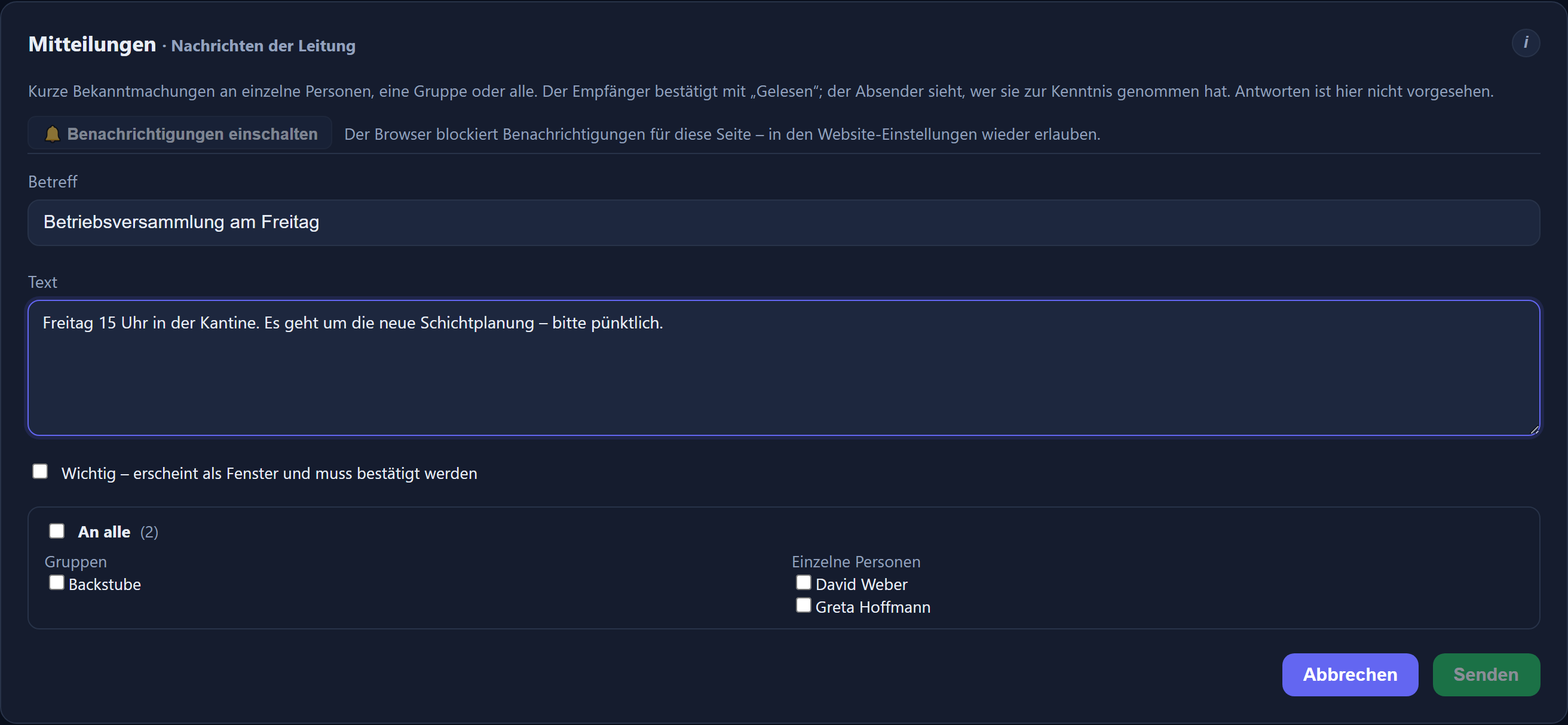 Composing a message with a subject, text and a recipient selector by group and person. The interface is in German.
