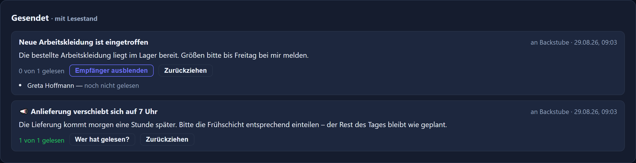 An overview of sent messages with read status: how many recipients have read them, with names if wanted. The interface is in German.