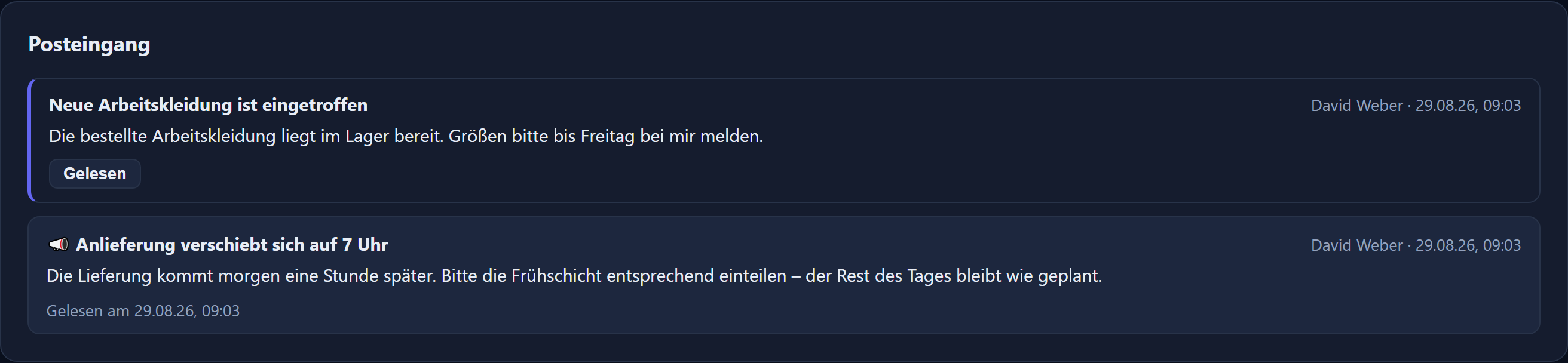 An inbox with one unread message and its „read“ button, plus a message already acknowledged. The interface is in German.