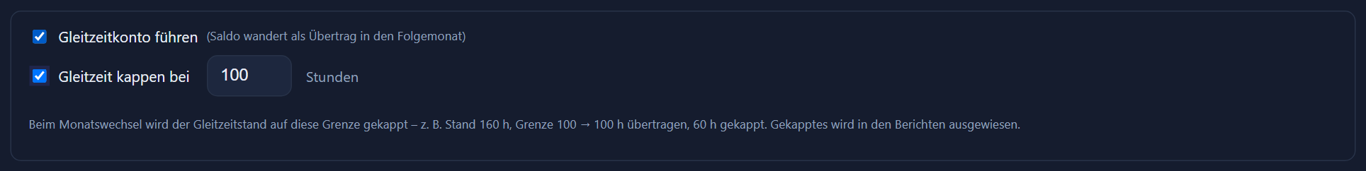 Gleitzeit-Einstellung eines Modells mit Konto an/aus und Kappungsgrenze.