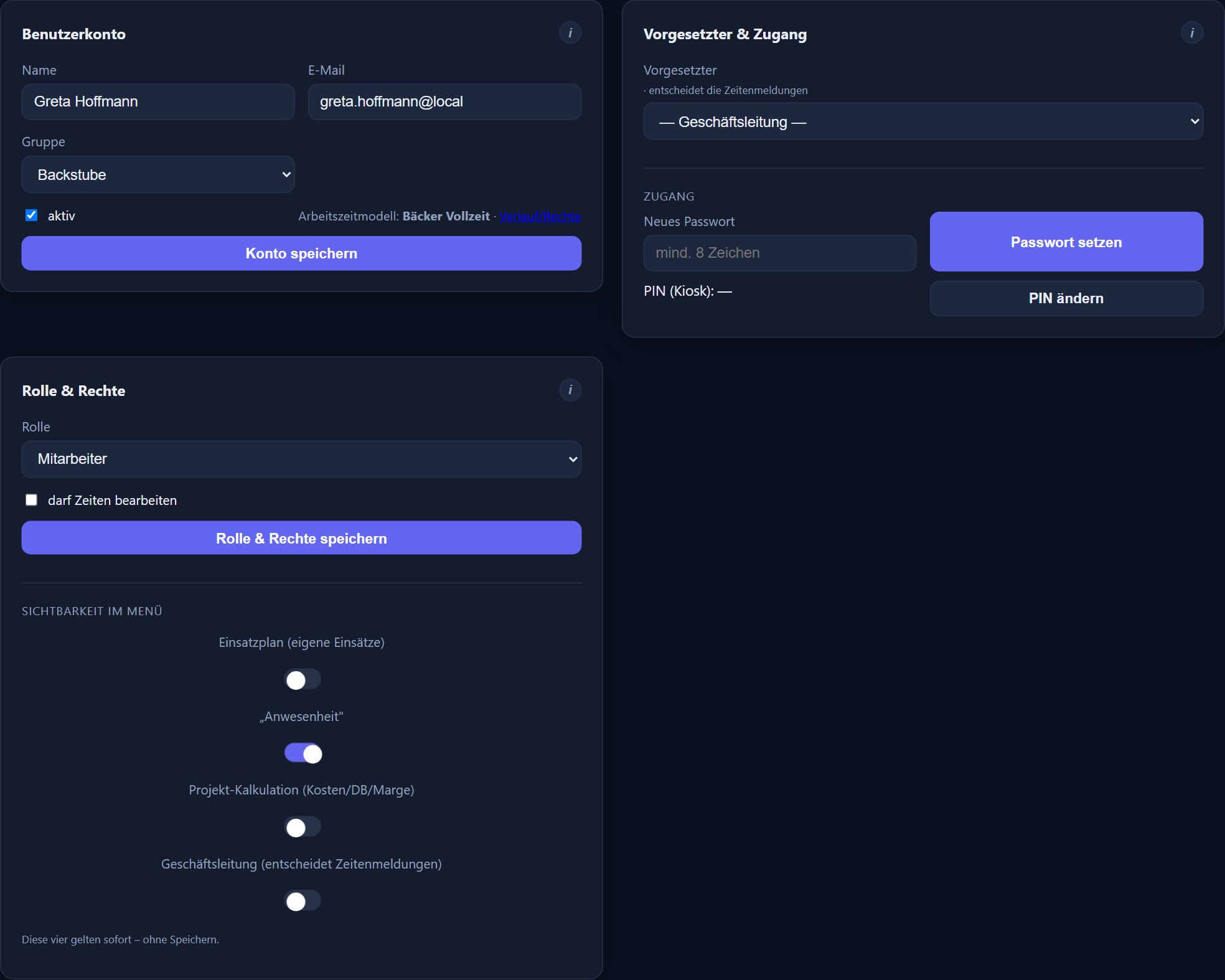 The „account and access“ tab with the user account, the line manager and the roles and rights card. The interface is in German.