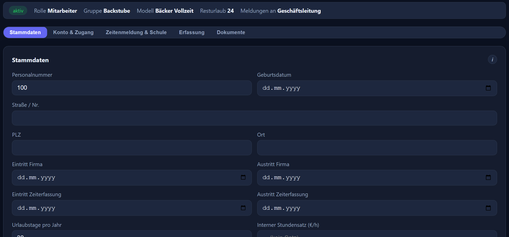 The personnel record with its core data row and five tabs. The interface is in German.