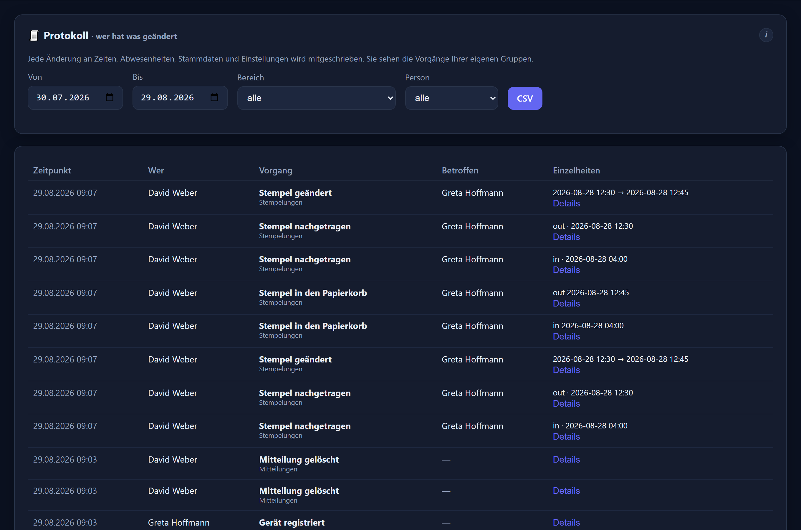 The log page with time, person, operation, the person affected, and filters. The interface is in German.