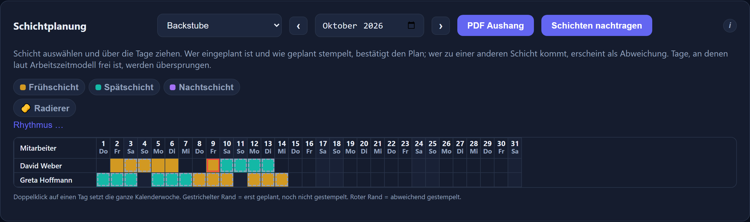 Monthly grid of the shift planning with employees in the rows and days in the columns.