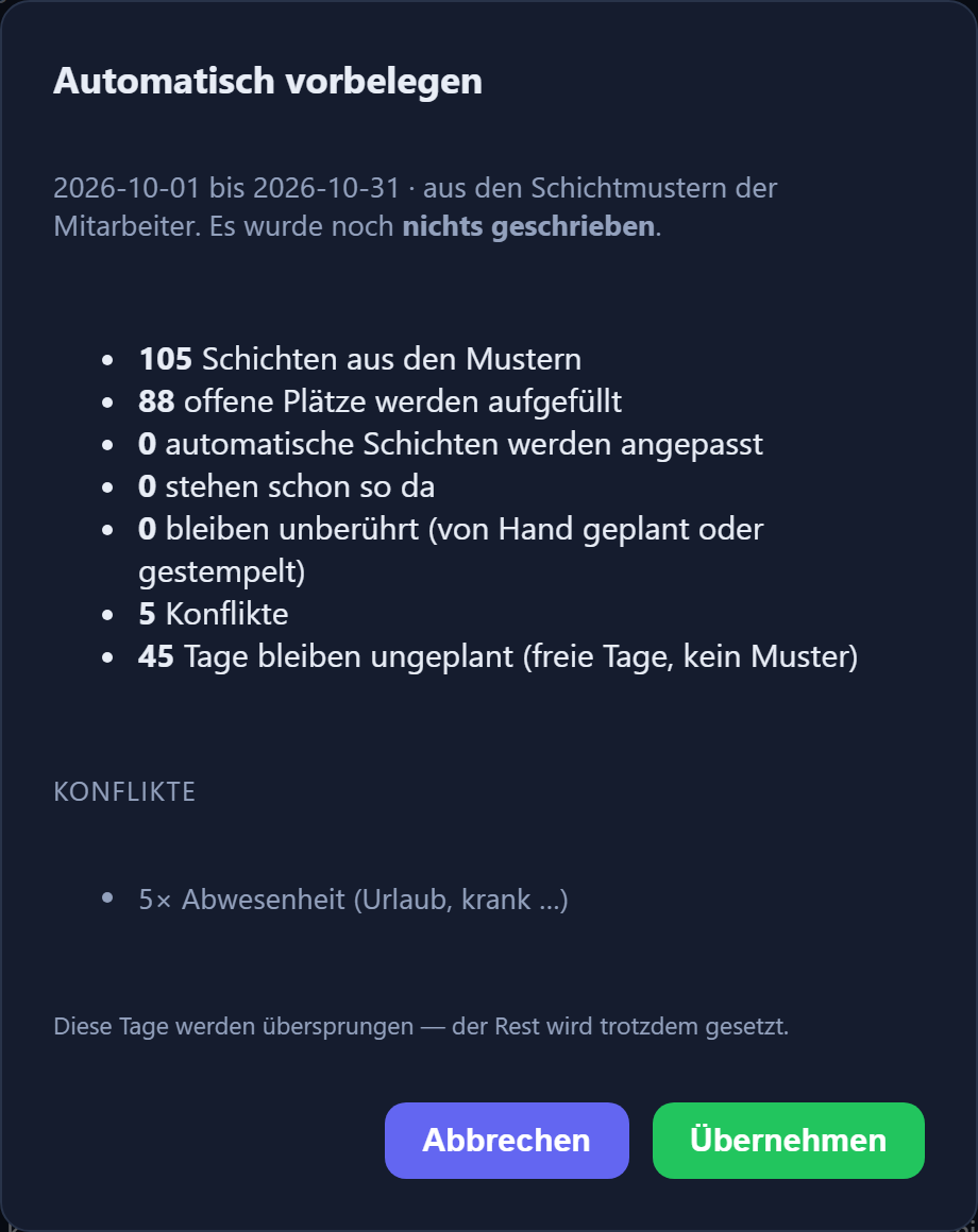 Vorschau der automatischen Vorbelegung mit Zählern für neue, aufgefüllte und unberührte Tage sowie einer Konfliktliste.