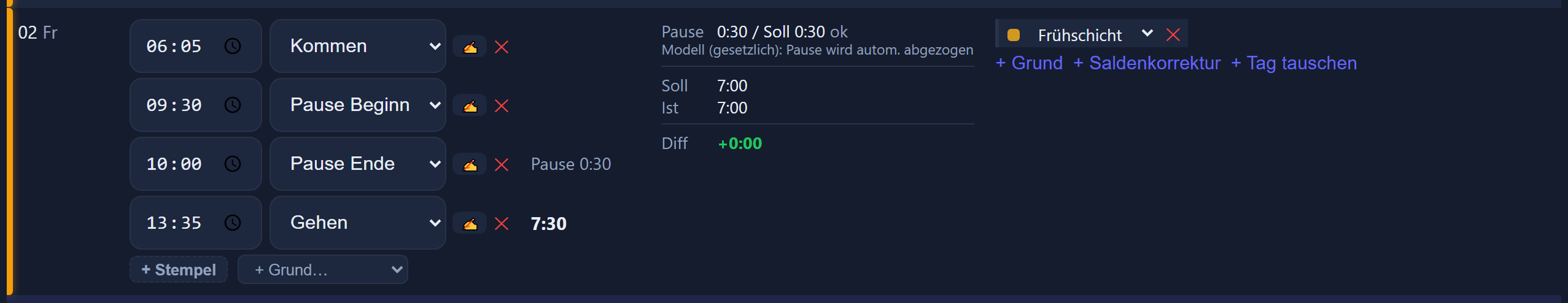 Day row in time tracking with the recognised shift in a column of its own, backed in colour.