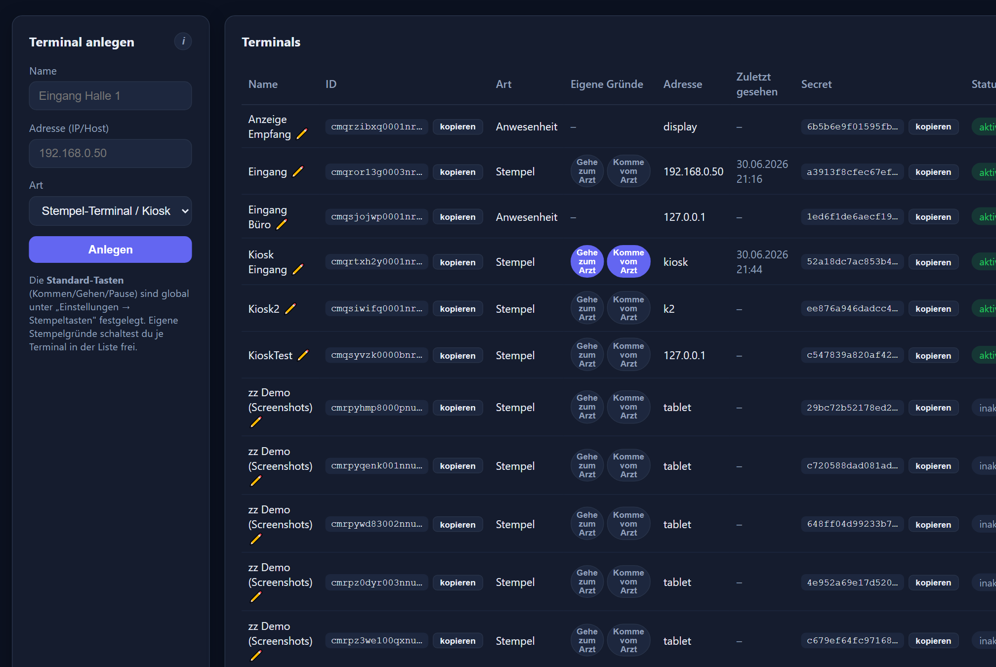 Terminal-Verwaltung mit ID, Secret, Art und Seriennummer.