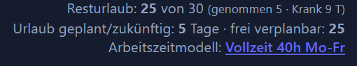 Kontozeilen mit Resturlaub von Gesamtanspruch, genommenen Tagen sowie geplantem und frei verplanbarem Urlaub.