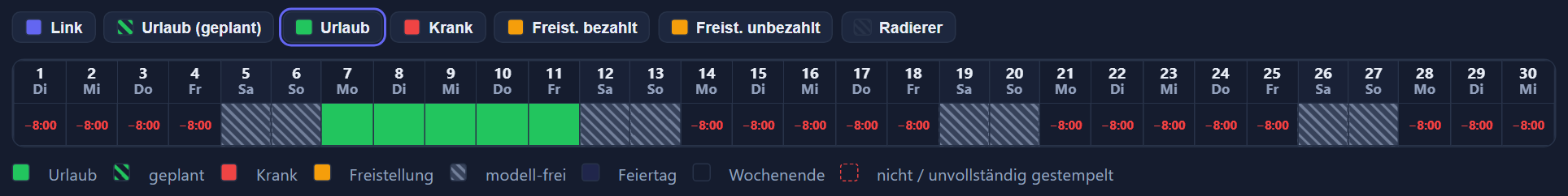 Kalenderleiste mit aktiviertem Urlaub-Werkzeug und einer grün eingefärbten Urlaubs-Spanne über mehrere Tage.