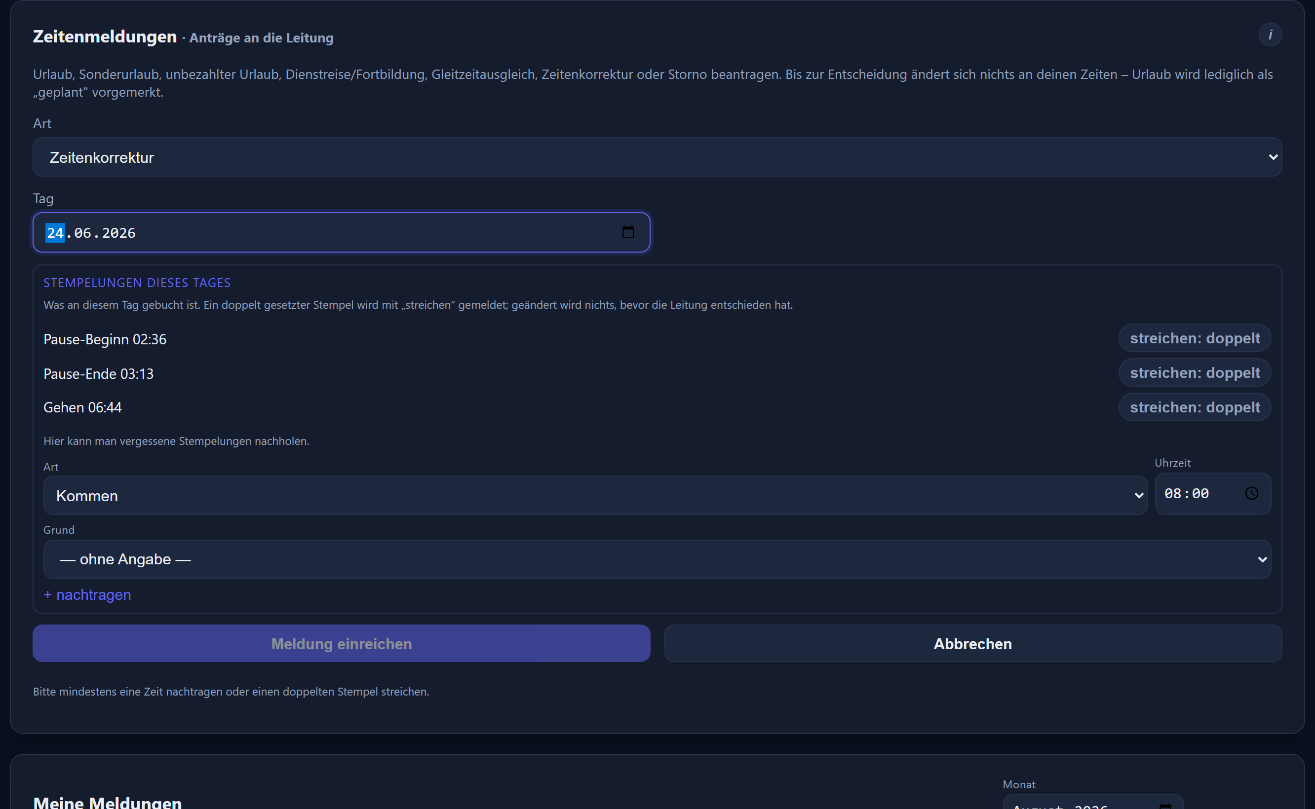 A time correction: the day's clocking entries, with striking out and adding. The interface is in German.