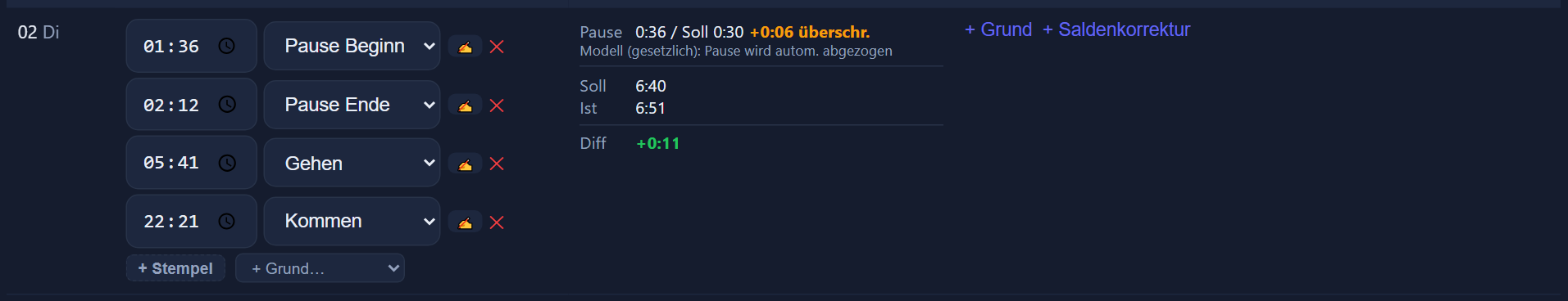 Einzelne Tageszeile: links Stempelungen, Mitte Pause/Soll/Ist/Differenz, rechts Korrekturen.