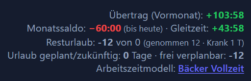 Kontokarte mit Übertrag, Monatssaldo bis heute, Gleitzeit, Resturlaub und Modell-Link.