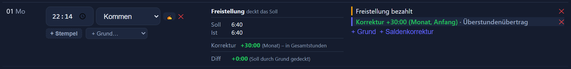 Dialog zum Nachtragen und Korrigieren von Stempeln sowie zum Eintragen von Gründen.