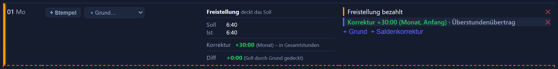 Gelber Balken an einer Tageszeile und Fenster zum Wiederherstellen gelöschter Stempel.